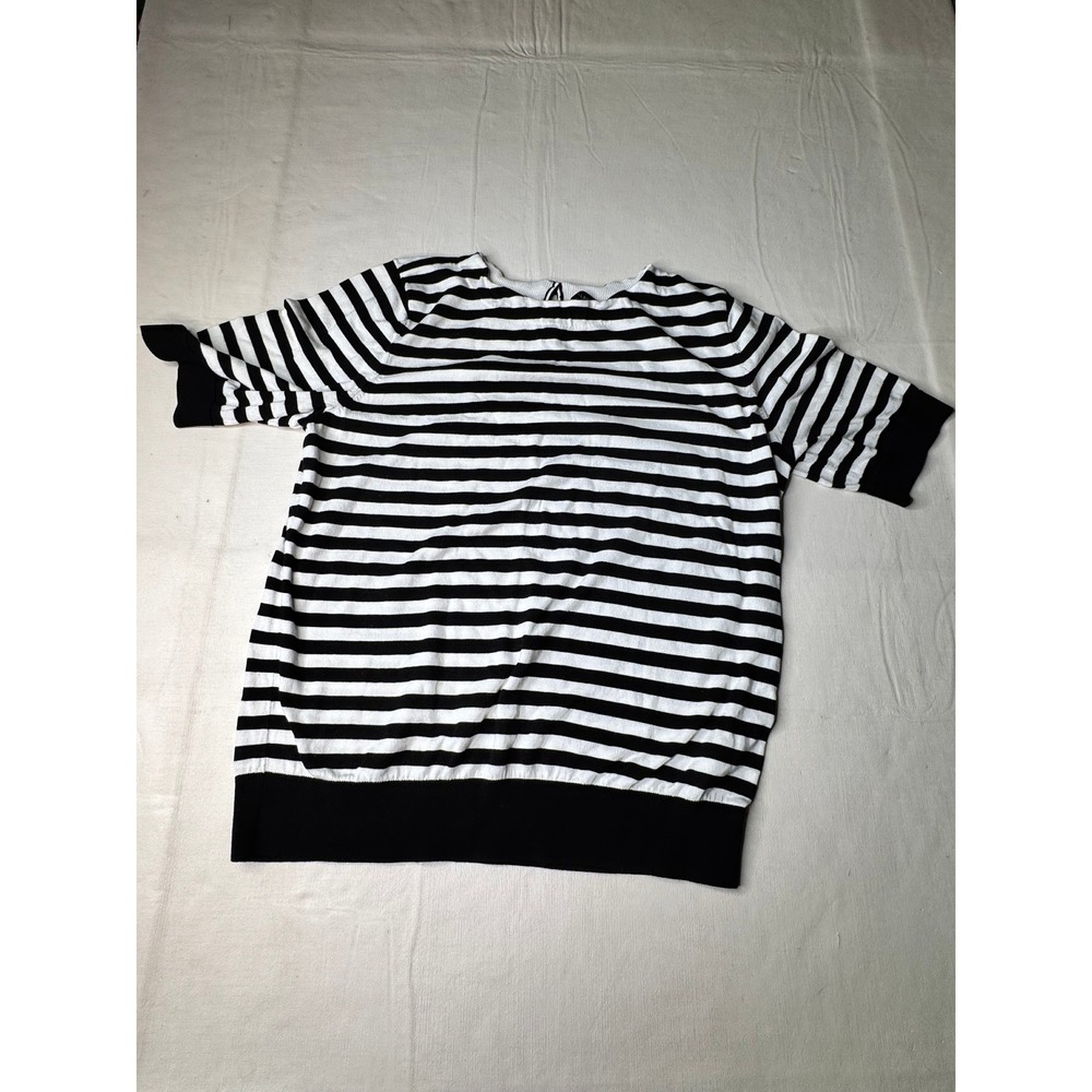 Talbots Womens XL Black White Striped Short Sleeve Knit Sweater Cotton Rayon